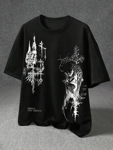 男士休闲字母十字印花T恤，简约时尚设计，适合日常穿着，夏季款 - 黑色 - 查看 3