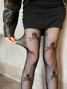 1PC Women's Black Spring & Summer Thin Sexy High Stretch Skull Cutout Fishnet Pantyhose, Daily & Party All-Match - Multicolor - View 3