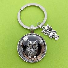 Medvang 1个浮雕猫头鹰可爱锌合金钥匙扣，四季皆宜 - 復古銀色 - 查看 7