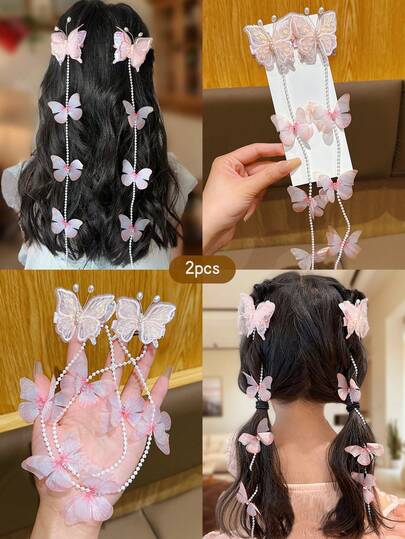 2pcs Pink Butterfly Hair Clips, Sweet Style Fashion Hair Accessories For Daily Use, Affordable