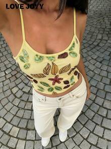 LOVE JOYY 女士树叶印花吊带背心，修身黄色短款上衣，适合海滩度假和夏季穿着 - 彩色 - 查看 1