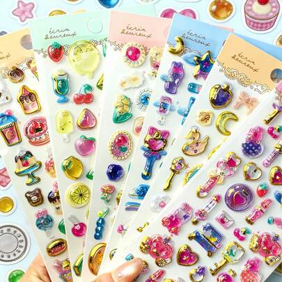 3D Cute Stickers, Interesting Shiny Embossed Decorations, Stereoscopic Interesting Japanese Anime Stickers, Crystal Stickers, With Solid Texture, Exquisite Stereoscopic Shape, Self-Adhesive Waterproof Non-Stick Decorative Stickers, With Tactile Effect And Rich Decorative Atmosphere, Mixed Color Design, Asymmetric Shape, Waterproof Decorative Stickers