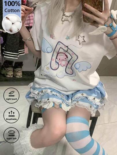 Áo thun ngắn tay in hình hoạt hình dễ thương phong cách Y2K Kawaii, áo nữ dáng rộng thoải mái với họa tiết mây và sao màu xanh pastel, màu trắng cho mùa hè.