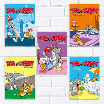 TOM AND JERRY. 5张/套卡通海报，可爱猫咪和老鼠动漫生日装饰，适用于生日快乐横幅背景、卧室客厅走廊、墙面艺术、墙面装饰画海报用品、复活节礼物、返校礼物[官方授权]