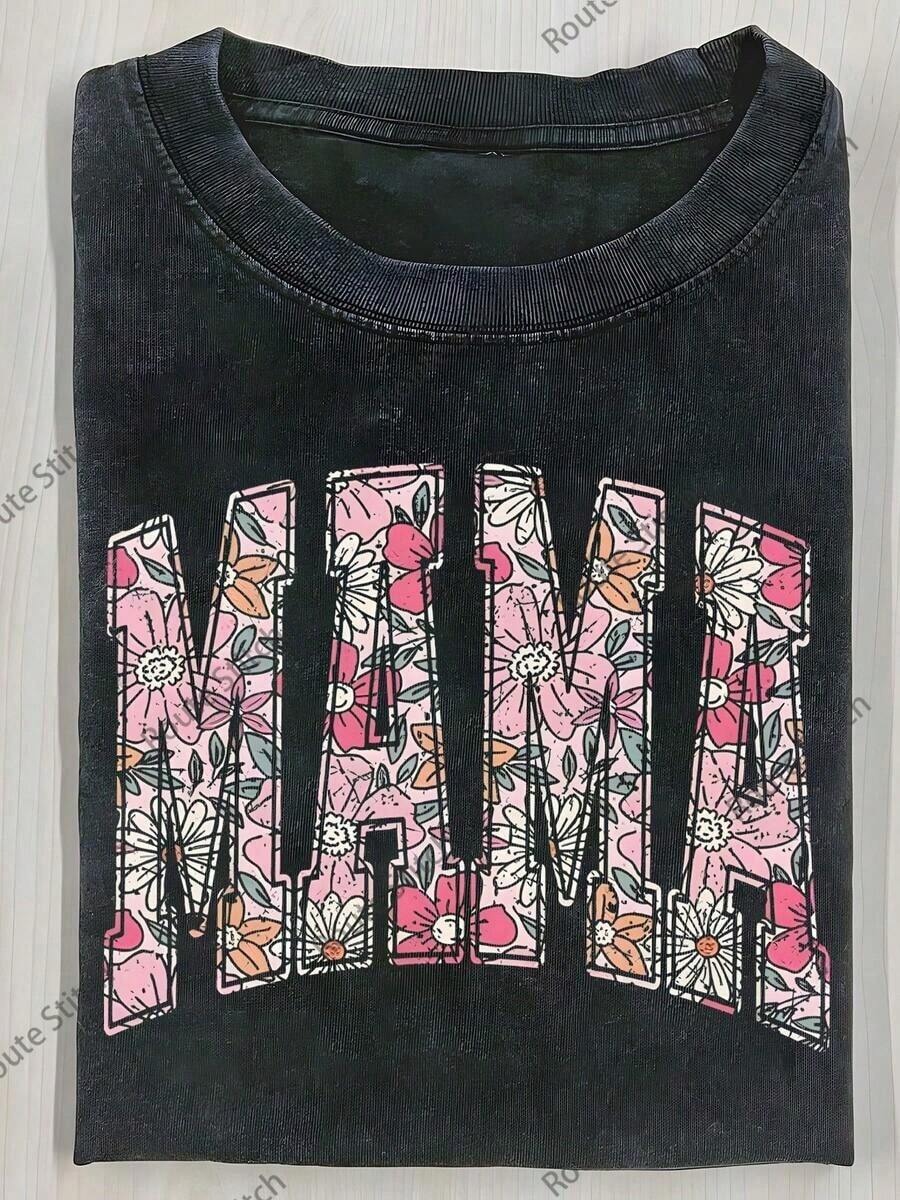 Summer Tops20262026 Washed Cotton, Floral Mom Letter Print T-Shirt, High-Quality Batik Cotton Retro Fashion Brand T-Shirt, Women's T-Shirt, Women's Autumn T-Shirt, Halloween Christmas Gift, Holiday Gift, White Tops, Valentine's Day Outfit, Mardi Gras, Summer Tops, For Women, Valentine's Day Outfits For Women, Women's Tops, Fairycore, , Elegant Women's Outfitssummer Clothes Washed Cotton - 黑色 - 查看 1