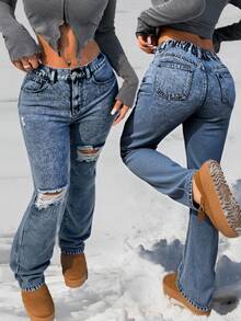 High Waist Ripped Mom Fit Jeans - Blue - View 1