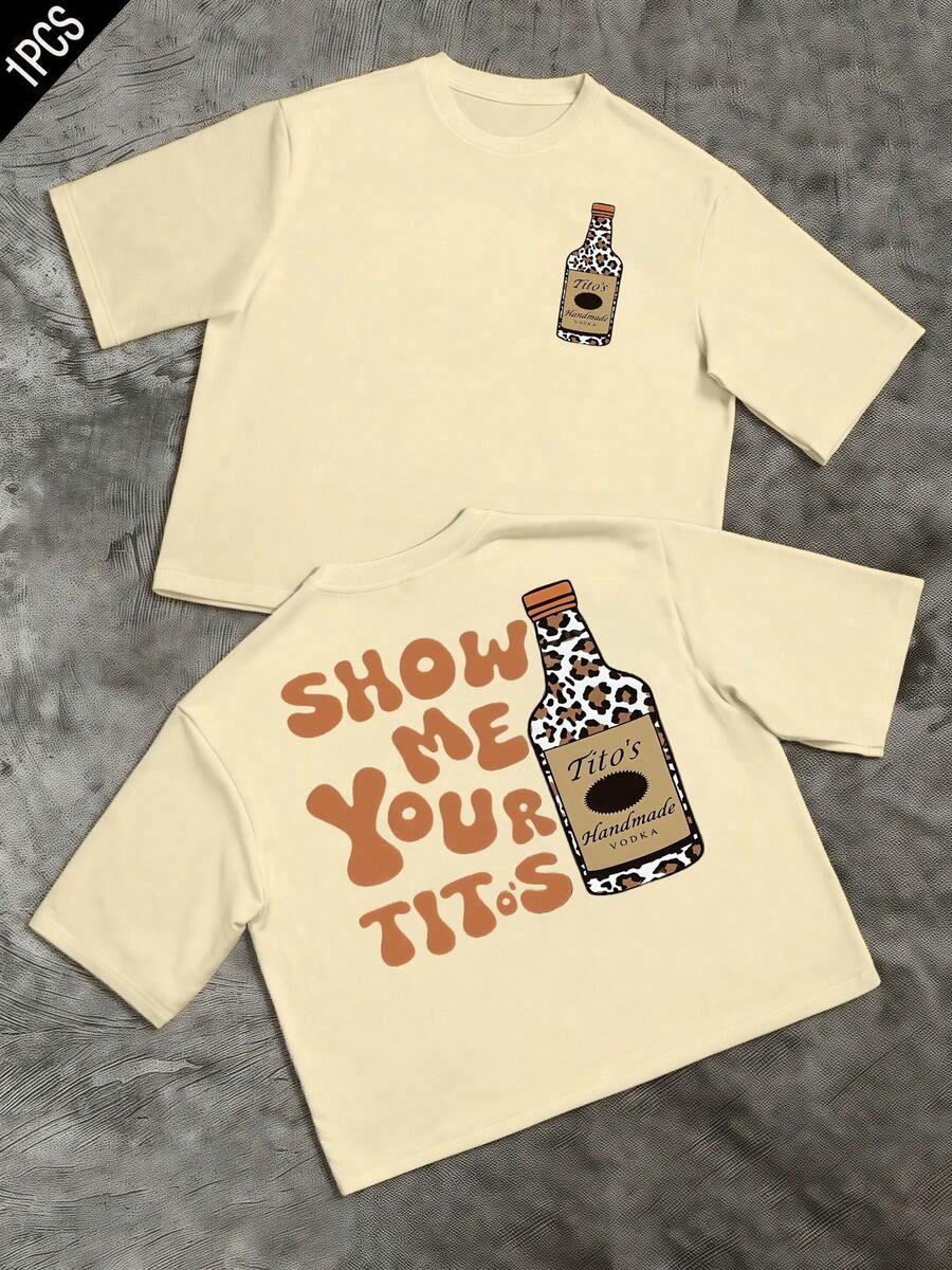 Show Me Your Tito's Slogan With A Leopard Print Vodka Bottle Double Sided 100% Cotton Tshirt Comfort Fit Short Sleeve Round Neck Top - 杏色 - 查看 1