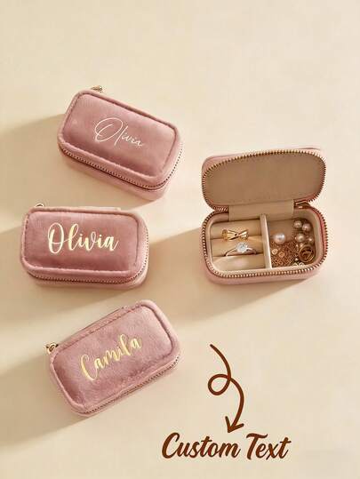 1 pieza Caja de joyería de terciopelo personalizable, regalo elegante para dama de honor, regalo de cumpleaños para ella, recuerdo del Día de la Madre y San Valentín, diseño rectangular con cierre de cremallera, almacenamiento de joyas para viajes, recuerdo elegante, caja de joyería con cierre de cremallera