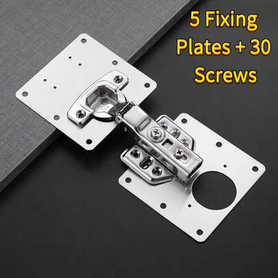 35pcs Heavy Duty Stainless Steel Hinge Repair Plates Kit - 5 Cabinet Hinge Installation Plates With 30pcs Fixing Screws, Suitable For Wardrobe, Cabinet, Cupboard Door Hinge Installation And Repair