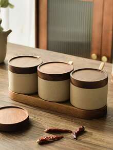 1pc/2pcs/3pcs Ceramic Seasoning Jars With Lids And Spoons, Kitchen Salt Sugar Storage Canisters With Tray, Spice Bottles - Short Terracotta Seasoning Jars In Various Styles - View 1