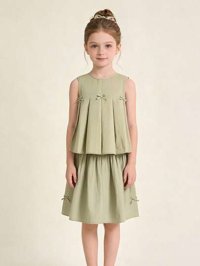 Balabala 2pcs/Set Young Girl Solid Color Bow Decor Camisole And Mini Skirt, Cute & Fashionable For Summer