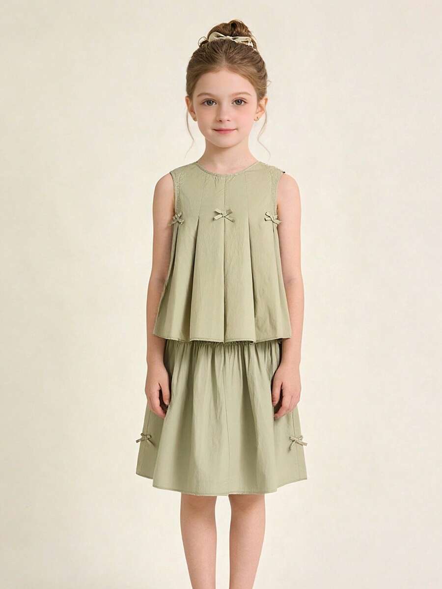 Balabala 2pcs/Set Young Girl Solid Color Bow Decor Camisole And Mini Skirt, Cute & Fashionable For Summer - Khaki - View 1