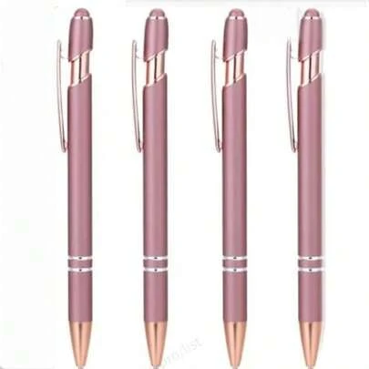 4pcs Beautiful & Cute Muted Rose Gold Ball Pens, With Handwriting Pen Tip, Black Ink, 2-In-1 Metal Ballpoint Pen, 1.0mm Medium Nib Smooth Writing, Rainbow Colored Rubber Grip Stylus Pens
