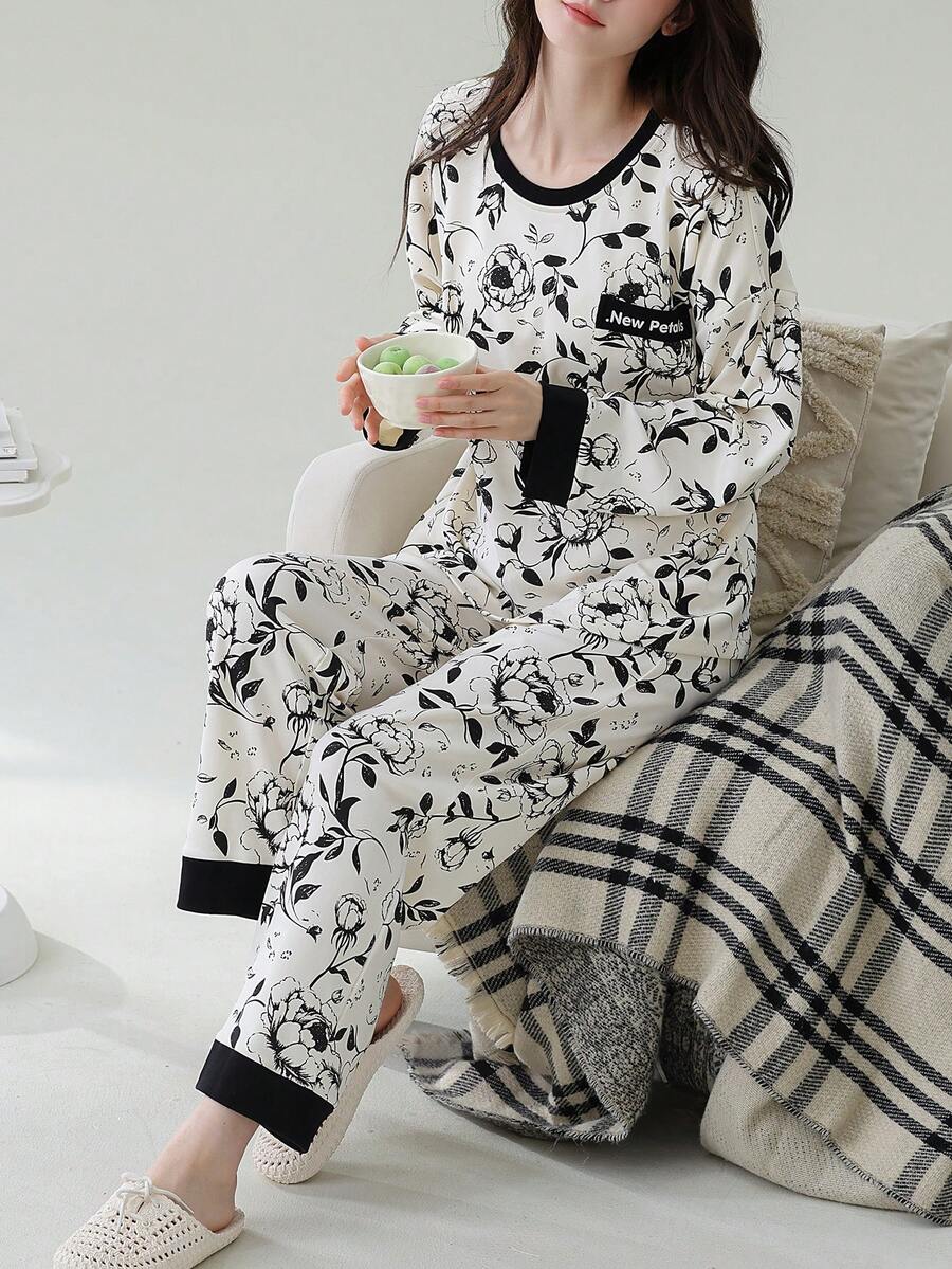 女士圆领睡衣两件套，长袖上衣和长裤，柔软舒适，适合春秋季穿着 - 黑色 - 查看 1