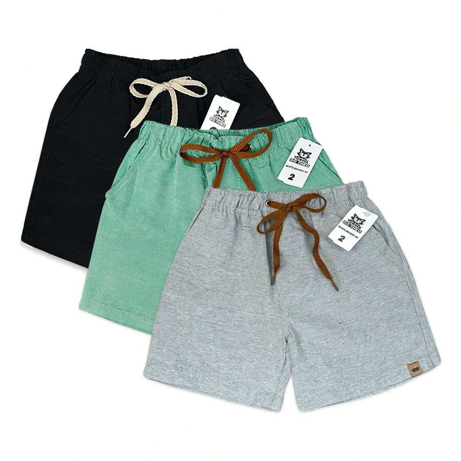 Set Of 3 Premium Linen Shorts For Children And Teens, Bermuda Style, Sizes 2-16 - 黑/綠 - 查看 1