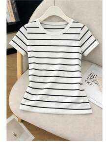 Women's Ribbed Cotton Striped Basic Two-Tone T-Shirt - Casual Autumn/Winter/Summer American Style - 脫條紋 - 查看 2