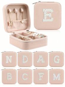 1pc Personalized Initial Letter Jewelry Box, Faux Diamond Pattern Decor, A-Z 26 Letters Mini Jewelry Box, Portable Jewelry Travel Case With Zipper For Earrings, Rings, Necklaces, Makeup, Bridesmaids Gift - Multicolor - View 6