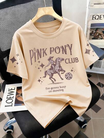 1pc Casual Loose Fit Short Sleeve T-Shirt For Teenage Girls, Western Cowboy & Disco Print, Round Neck, Sporty Style, Perfect Summer Gift, Suitable For Spring/Summer Wear At School And Outdoor