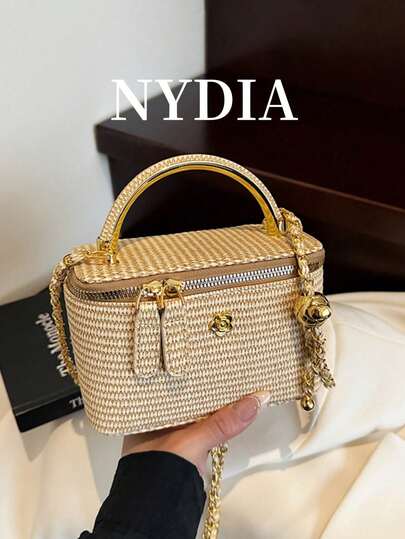 1pc Minimalist Casual Versatile Woven Straw Lunch Box Bag, Small Chain Shoulder Crossbody Bag, Popular Seasonal Gift