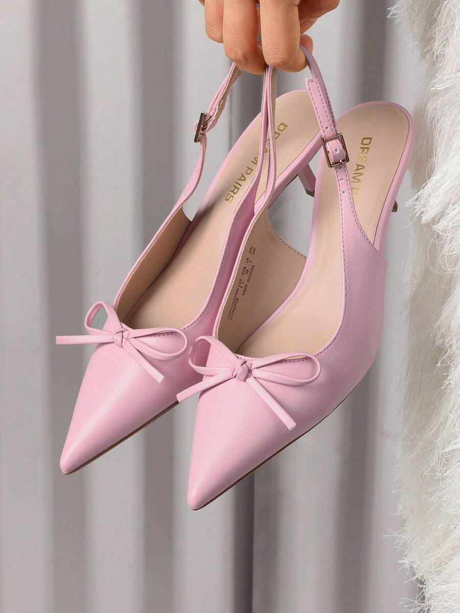 Women's Slingback Kitten Heel Pumps, Pointed Toe With Bow, 2.17" Low Heel – Comfortable Dress Shoes For All-Day Wear - 粉色 - 查看 1