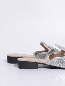Gold, Silver, Black Sequin Square Toe Slip-On Shoes, Women's Mesh Breathable Open Toe Mules, Lace Net Fabric Flat Sandals For Summer Dresses - Silver - View 3