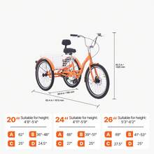 Adult Tricycles Bike, 20 Inch Three-Wheeled Bicycles, 3 Wheel Bikes Trikes, Aluminum Alloy Cruiser Bike With Basket & Adjustable Seat, Picnic Shopping Tricycles For Seniors, Women, Men (Orange) - Orange - View 7