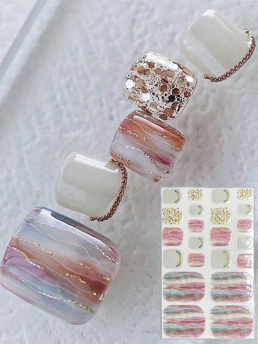 3D Gradient Tie Dye Toe Nail Stickers With Shiny Gold Foil Shell Design, 22pcs/Set Nails - Multicolor - View 1