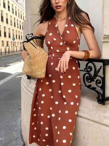 Women's Summer Vintage Polka Dot Halter Neck Midi Dress, Sleeveless Casual Daily Vacation Beach Dress Party Elegant - Brown - View 3