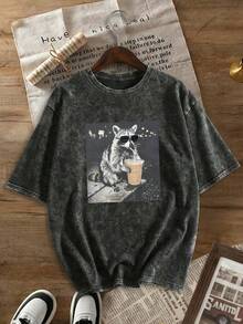 大码女式复古水洗T恤，浣熊喝冰咖啡图案，男女通用图案T恤，100%纯棉短袖上衣，舒适圆领休闲款，夏季T恤，柔软水洗面料，宽松版型，黑色 - 黑色 - 查看 4