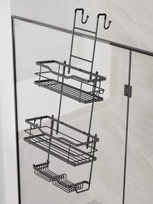 1pc No Drill Black Double-Layer Metal Bathroom Wall Basket, Rust-Proof Towel & Toiletry Storage Rack - Double Layer - View 5