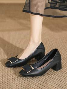 Women's Square Toe Block Heel Slip-On Pumps, Comfortable High Heel Retro Elegant Loafers, Black High Heels - Black - View 5