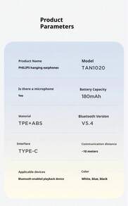 PHILIPS 飞利浦 TAN1020 无线颈挂式耳机，蓝牙 5.3 运动耳机，带降噪功能，轻巧防汗入耳式耳机，适合跑步和健身 - 查看 8