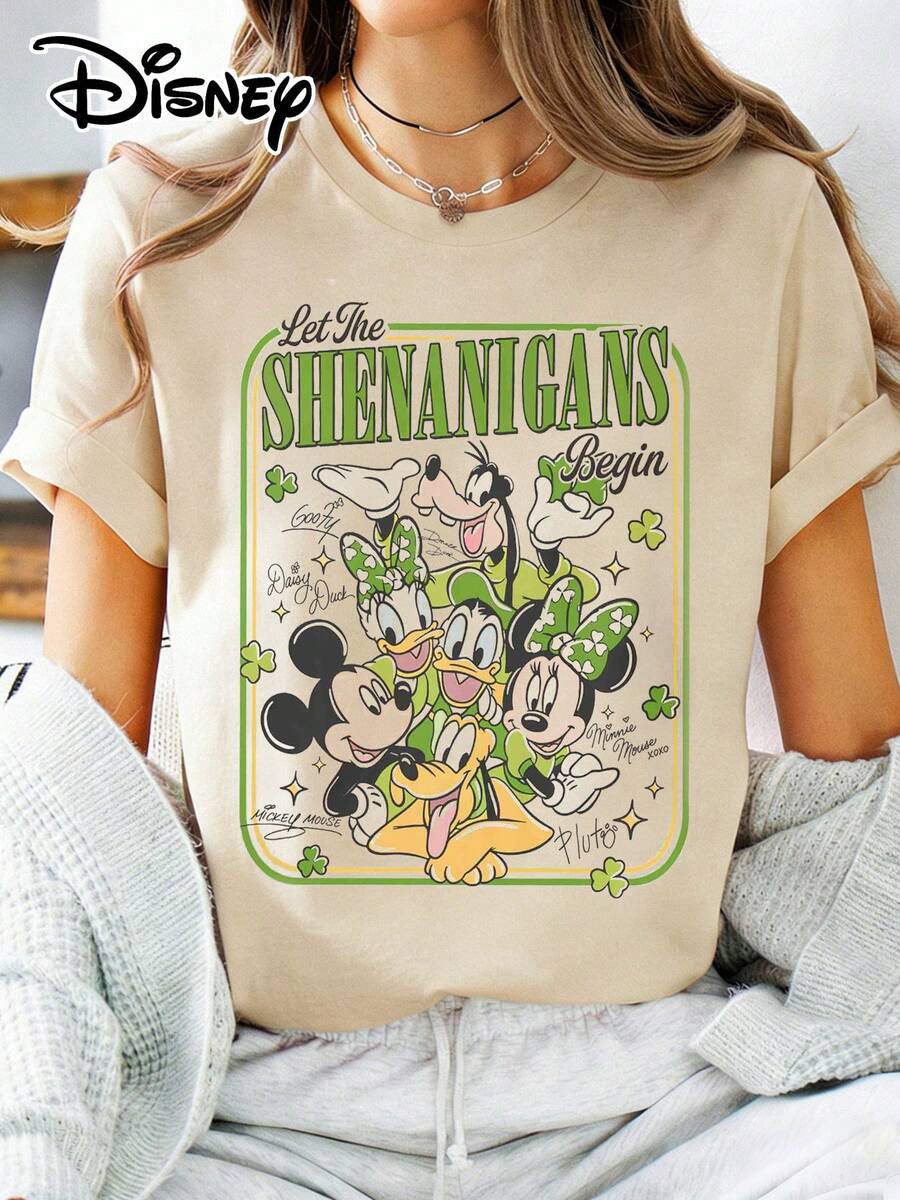 Disney Official Authorization | Women's St. Patrick's Day-Themed Short-Sleeve T-Shirt, Featuring A Vintage Group Photo Print Of Classic Characters Including Mickey Mouse, Minnie Mouse, Donald Duck, Daisy Duck, Goofy, And Pluto, With The Fun Slogan "Let The Shenanigans Begin" And Clover Elements. Made Of Opaque Fabric, It Is Machine Washable, Suitable For Park Visits And Daily Casual Wear, Making It An Eye-Catching Piece For Holiday Outfits. - Apricot - View 1