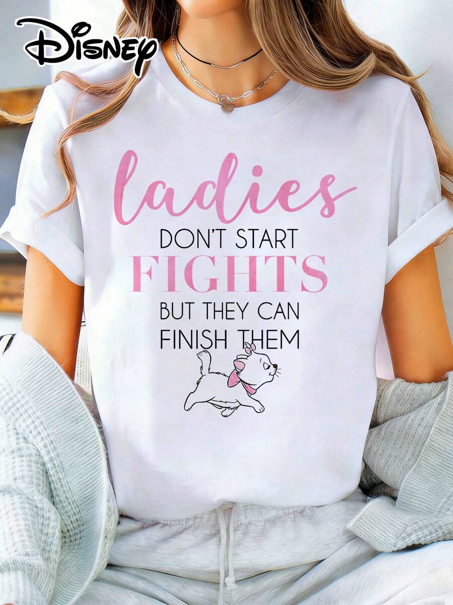Disney Official Authorization | Women's Daily Casual Short Sleeve T‑Shirt With The Aristocats Theme Print. Lovely Print Of Marie With The Fun Slogan: "Ladies Don't Start Fights But They Can Finish Them", Full Of Girlish Charm. Made Of Opaque Fabric, Machine Washable, Versatile For Casual Wear, Suitable For Daily Outings And Matching Outfits With Best Friends. - 白色 - 查看 1