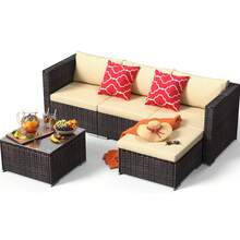 Conjunto de sofá de patio al aire libre, sofá seccional de conversación de mimbre de polietileno y ratán con mesa de centro de vidrio para porche, patio y piscina. - Albaricoque - Ver 9