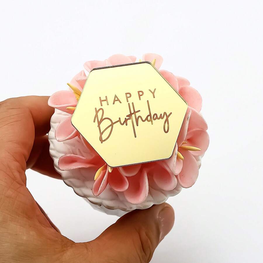 10个生日快乐六边形金色镜面银色亚克力纸杯蛋糕装饰 - 查看 1