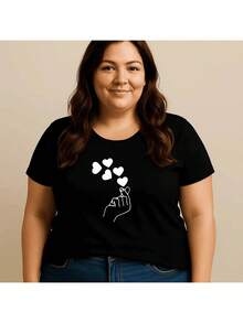 Women's Plus Size T-Shirt, 100% Cotton, Printed Finger Heart Design, Korean Drama/Kpop Style, Basic Premium Style, Round Neck, Short Sleeve, Casual Streetwear/Gym, Comfortable, Sizes G1 To G5 - 軍綠色 - 查看 2