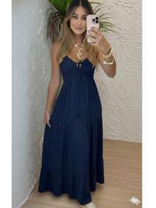 Women's Long Dress, Flowing Style, Thin Straps, V-Neck With Front Tie, Elastic Back - Fits Sizes 36 To 42. - 藏蓝色 - 查看 2