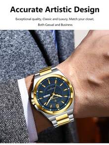 POEDAGAR 1 件男士不锈钢防水夜光石英表，经典休闲日期星期显示男士腕表，时尚男士腕表，适合日常场合，男士礼物 - 均碼 - 查看 9