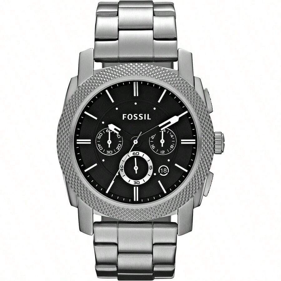 Fossil FS4776 Men's Chronograph Watch, Stainless Steel Strap, Black Dial, Date Display - Silver - View 1