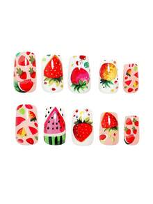 24片中号方形压花美甲贴纸，水果草莓西瓜菠萝全覆盖假指甲，适合女性和女孩，办公及日常佩戴，包含1张指甲胶纸和1个迷你指甲锉，随机果冻胶配送 - 彩色 - 查看 3
