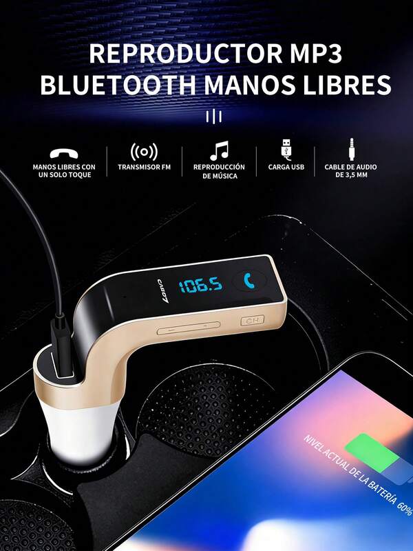Cargador de coche,G7 transmisorfm con bluetooth,reproductor de mp3 mediante usb y tarjeta tft,entrada de auxiliar 3.5mm