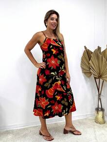 Printed Viscose Midi Dress With Square Neckline And Thin Straps - 黑/橙色 - 查看 2