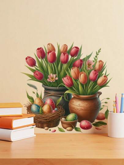 1pc Multi-Size PVC Removable Wall Sticker, Easter Decoration Wall Decal, Tulip Pot, Flower Basket And Squirrel, Potted Plant Cart, Colorful Eggs, Holiday Decor Wall Sticker, Suitable For Bedroom, Living Room, Study, Dining Room, Bathroom, Home Wall Decoration, Room Decor