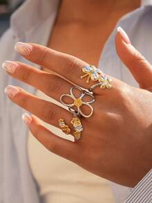 3pcs/1pc Minimalist Floral Open Rings Set, Golden & Silver Tone Flower & Butterfly Design Adjustable Finger Rings, Fashion Jewelry For Women, Suitable For Daily Wear, Stacking, Party & Valentine's Day Gift - Multicolor - View 4