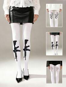 1 Pair Niche Edgy Thick Tights White Gun Pattern Sexy Opaque Stockings Urban - Multicolor - View 4