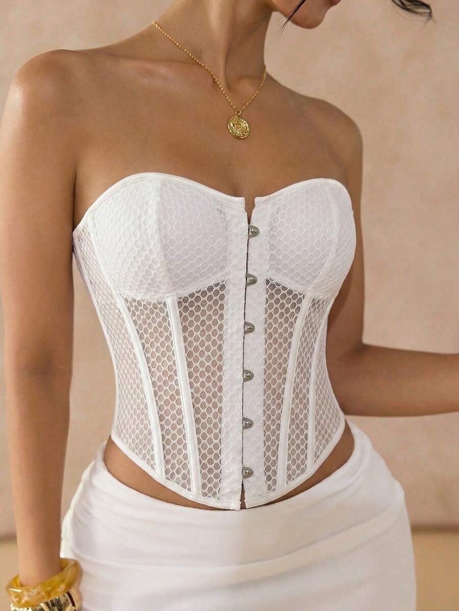 White Honeycomb Mesh Texture Bandeau Crop Top With Heart Neckline, Backless Criss-Cross Strap, Slim Waist Design, Breathable & Lightweight, Suitable For Dates, Parties, Sexy Look Summer - White - View 1