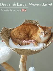 PAWZ Road 59" Modern Cat Tree Tower For Large Cats W/2 Flower Perches-Natural Solid Wood Scratching Post With Real Branch-Luxury Boho Cat Furniture W/Condo & Wicker Basket Bed, Cloud White - 白色 - 查看 7