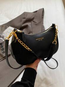 2025 New Fashion Classic Versatile Letter Graphic Design Solid Color PU Leather Crescent Shoulder/Underarm Bag, Y2K Shoulder/Underarm Bag, Suitable For Shopping, Can Be Worn Crossbody - 黑色 - 查看 8