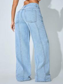Low-Waist Wide-Leg Casual Blue Jeans With Slant Pockets For Women - Sky Blue - View 2
